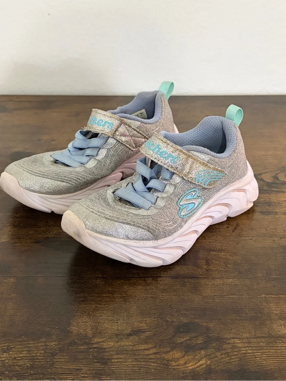 Skechers Kids Silver Glitter Sneakers with Light Blue Details